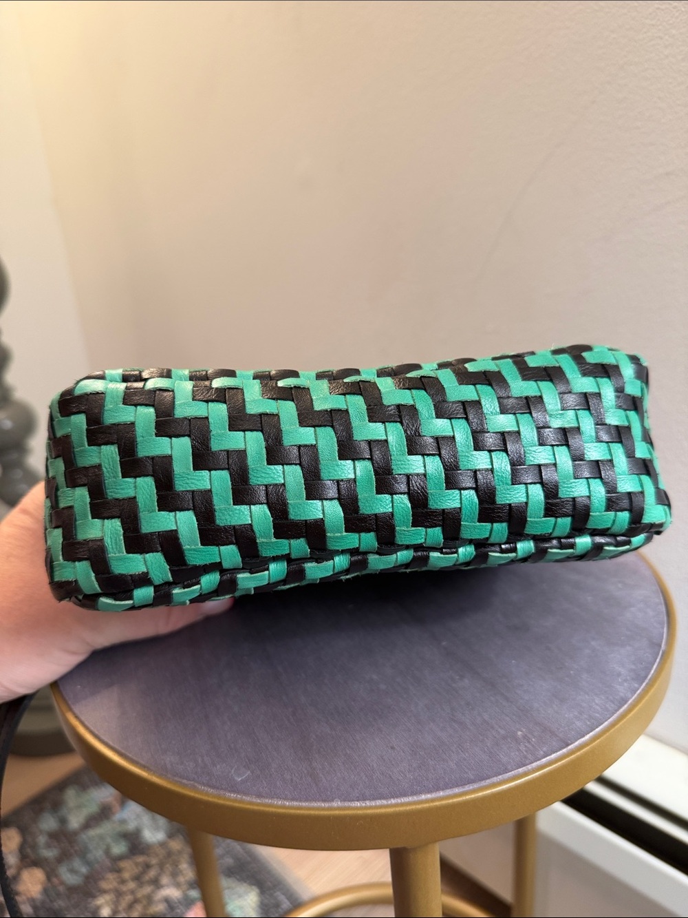 Clare V. Midi Sac crossbody green and black handwoven leather zig zag pattern - Picture 3 of 5